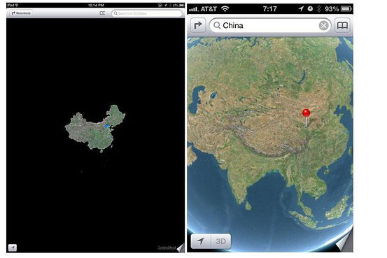 中国区ios 6用户的地图显示——中国境外地区为黑色.