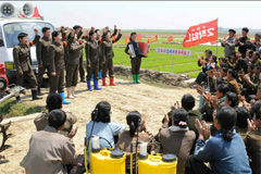 朝鲜文艺宣传队为插秧者鼓劲