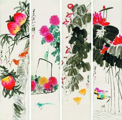 北京保利春拍最高价作品—齐白石《花鸟四屏》。