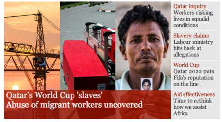 卡塔尔世界杯建设被指奴役外籍劳工 每天死1工