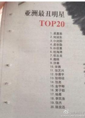 亚洲最丑明星榜TOP20出锅:张艺兴杨幂金宇彬