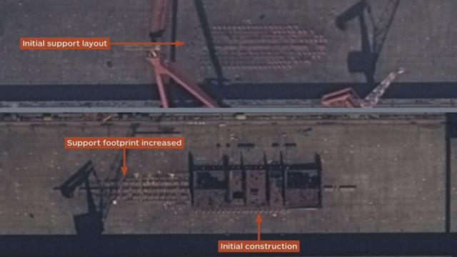 疑中国首艘国产航母吊装机库 建造方式似美军