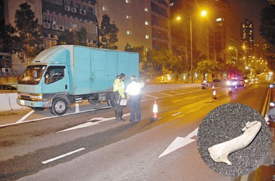 警员在货车撞死女子现场调查。图为女死者遗下一只高跟鞋。来源香港《文汇报》