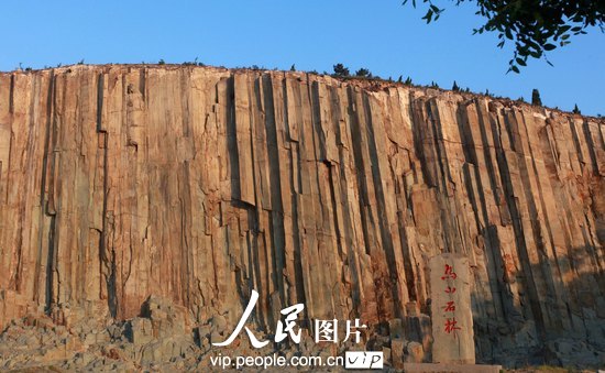 山东即墨市马山石林形成于大约一亿年前燕山晚期的火山运动,由潜粗面岩柱状节理石柱群组成,笔直挺拔,致密坚固,蔚为壮观。在潜粗面安山岩中发现此类柱状节理在我国尚属首例,与美国响岩体魔鬼塔和英国玄武岩巨人堤被誉为世界三大地质奇观之一。(梁孝鹏/人民图片)