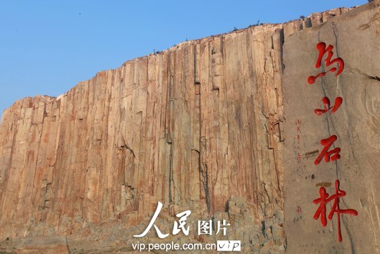山东即墨市马山石林形成于大约一亿年前燕山晚期的火山运动,由潜粗面岩柱状节理石柱群组成,笔直挺拔,致密坚固,蔚为壮观。在潜粗面安山岩中发现此类柱状节理在我国尚属首例,与美国响岩体魔鬼塔和英国玄武岩巨人堤被誉为世界三大地质奇观之一。(梁孝鹏/人民图片)