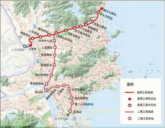 珠海市有轨电车1号线一期工程和二期工程规划图