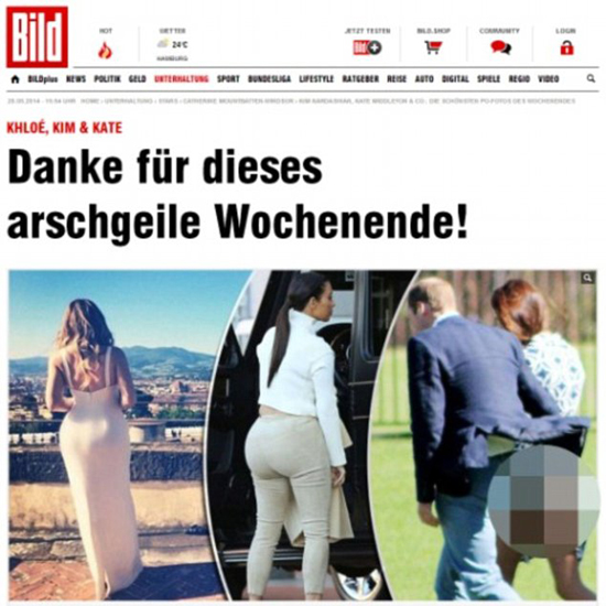 　　25日，德媒公布英王妃凯特露臀照，并将其与其他名人的臀部作对比，引发争议。