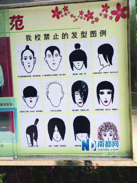 卖得一"头"好萌-刘仲斌:博罗高级中学禁止的发型图例,卖得一"头"好