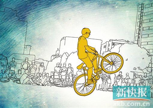 ●平地花式单车车手在“集结号2”比赛中表演单轮转圈技术,根据选手的力量和平衡能力,有车手可转十几圈,有的只能转两三圈。