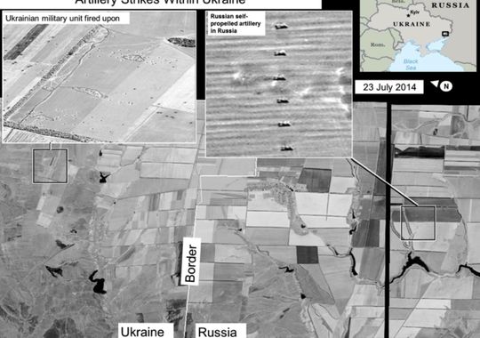美国公布卫星照片，显示俄军方开炮支持乌克兰民间武装。