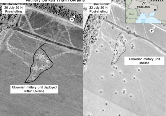 美国国务院提供的卫星图片显示，大炮和火箭在俄罗斯境内发射，落地之后乌克兰境内出现弹坑。