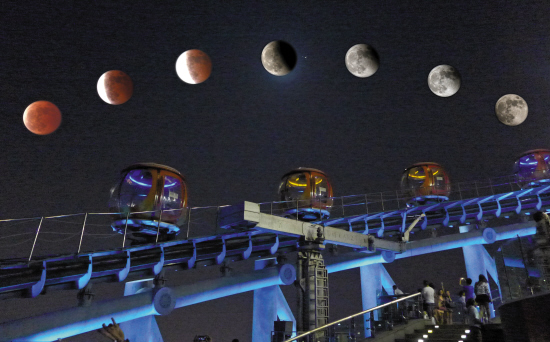 　　昨晚原本预测18时24分出现的“月全食”食既和食甚并无显现，直到19时24分生光才露脸。（多重曝光图片） 羊城晚报记者 郑迅 摄