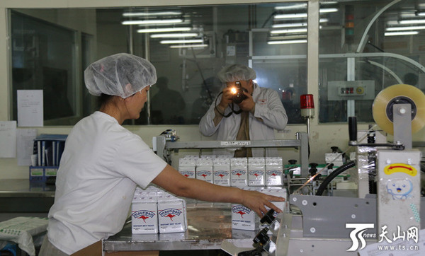 新疆马力食品有限公司车间内的流水线正在包装酵母成品，这些酵母将销往丹麦。
