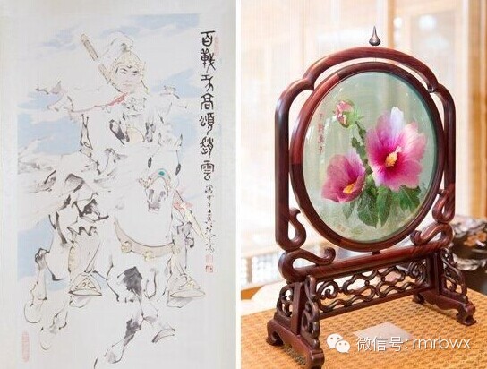 　　画有赵子龙的字画和木槿花刺绣装饰的玻璃工艺品