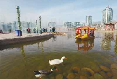 游客在临夏永靖县刘家峡镇水景公园乘舟游玩