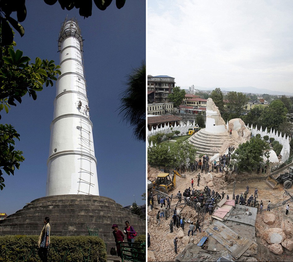 　　　　建于1832年的达拉哈拉塔(Dharahara Tower)几乎在大地震中全毁。（网页截图）