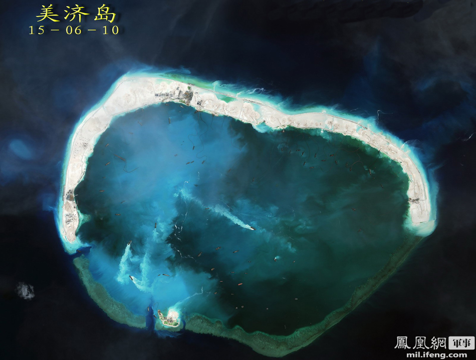 卫星高清直击:中国南沙美济礁与渚碧礁接近完