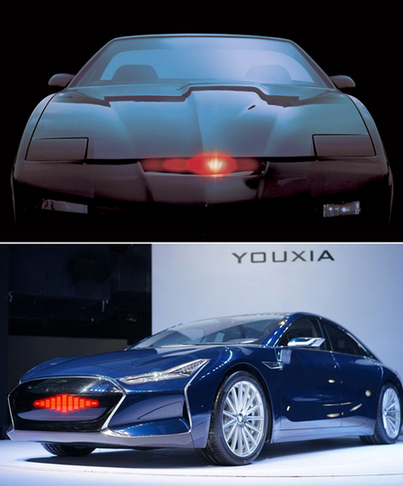上图：美国90年代科幻剧《霹雳游侠》智能车；下图：游侠X概念车