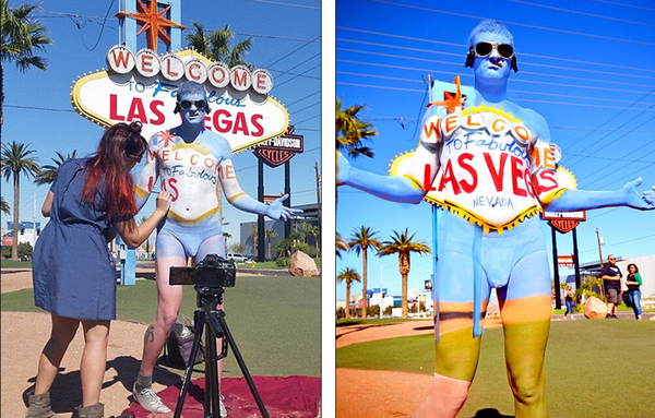 弗莱彻在拉斯维加斯经典标志牌前创造的神奇艺术，经过人体彩绘伪装的模特与背景完美融合。