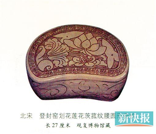 ■北宋 登封窑划花莲花   莲花茨菰腰圆形瓷枕    长27厘米 观复博物馆藏