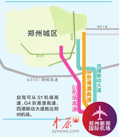 　　自驾可从S1机场高速、G4京港澳高速、四港联动大道抵达郑州机场。