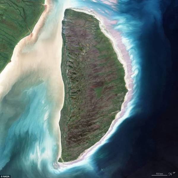 　　D：Landsat7卫星上专题制图仪绘制的加拿大詹姆士湾阿基米斯基岛的图像↑
