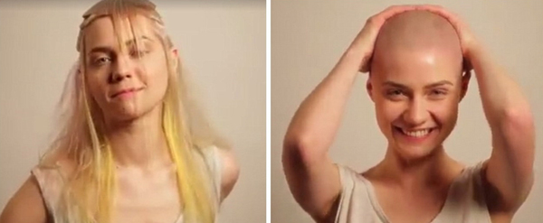 一名金发模特被理发师剪了一款超奇怪发型，最后只能剃成光头来补救。（网页截图）