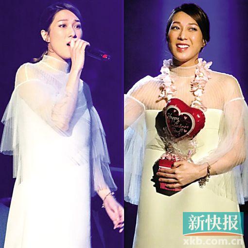 ■钟嘉欣2月14日登台时,腰粗明显。