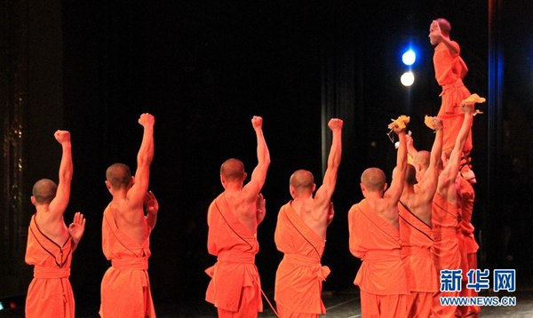 登封少林寺塔沟武术学校的《少林雄风》。新华网记者陈俊锋 摄