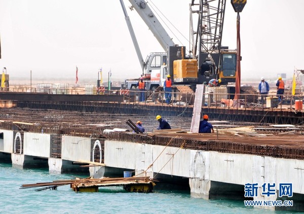 萨瓦金牲畜码头工地建设进入海上栈桥攻坚阶段。新华网记者李紫恒摄