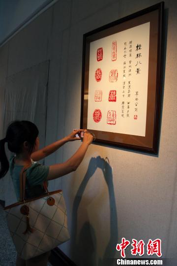 图为市民在欣赏著名艺术大师李骆公先生的书法篆刻作品。　周利朔 　摄