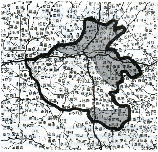 1942年河南大灾期间，豫北、豫东及豫南的信阳地区等均已沦陷（示意图中的灰色部分为沦陷区），豫中和豫西为国统区。