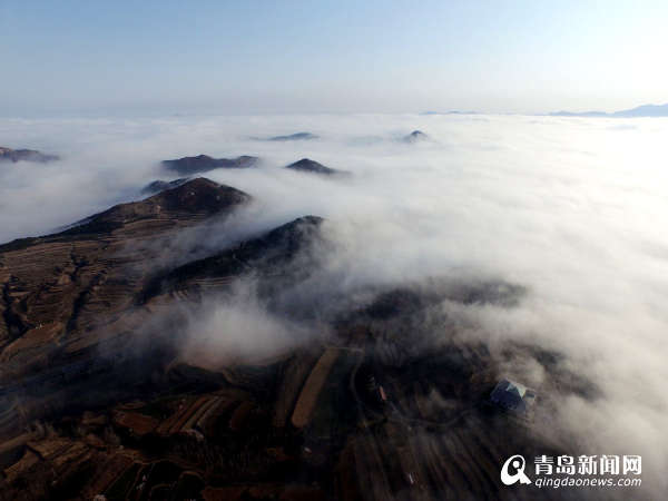 青岛航拍：平流雾罩铁撅山景观奇谲似海上仙山