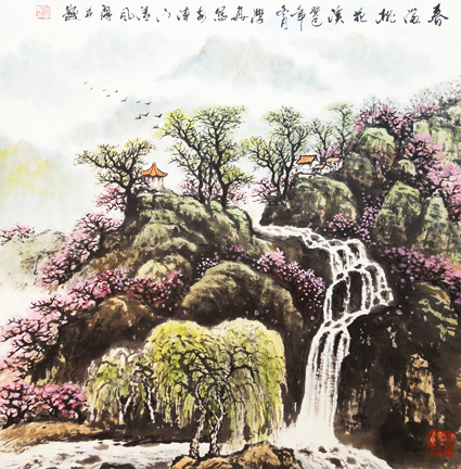 曲学真 春满桃花溪  尺寸:68x68cm