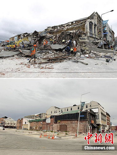 新西兰基督城地震一周年 相同地点震撼对比