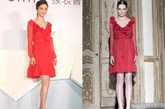 汤唯这件红色V领镶褶高腰纱裙单来自Valentino2011早秋系列。
