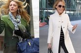 布莱克·莱弗利 (Blake Lively) （左）、凯莉-米洛（Kylie Minogue）（右）选择的是YSL Cabas Chyc。此款外形方正，设计流线很是规则，包上金属品牌标志落落大方，搭配二位明星的长款大衣明星感十足。