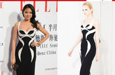 世界小姐张梓琳以一袭Versace2012早春度假系列中的黑白撞色低胸裙亮相，好身材展露无遗。
