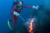 美国夏威夷，潜水员Turpin用鱼钩在基拉韦厄火山1000摄氏度的熔岩上创作，而这座海底火山还在持续喷发。
　　勇敢的潜水员潜入130英尺深的海底，寻找熔岩的源头，并用焊接手套和鱼钩来塑造炙热的“驼鹿头”。如果熔岩管破裂，或者朝他喷发，他将会有生命危险。Turpin的熔岩作品总是在完成之前就被喷发的火山熔岩所破坏。于是，这名熔岩海洋冒险潜水公司的创始人为了保留他的自然“艺术”，请摄影师Doug Perrine帮忙，将这些非凡创作景象展示给世人。
