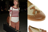泰勒·史薇芙特 (Taylor Swift)穿中性复古布洛克鞋，搭配休闲运动服饰与行李箱，登机前留影帅气十足。