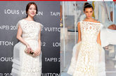 因为韩国偶像剧而令尹恩惠的人气爆棚，这次出席LV的开幕她选择了一条2012春夏系列的小洋裙，让一度有“发福”倾向的尹恩惠穿上膨胀感十足的白色镂空连身裙更显丰腴。
