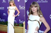 第47届美国乡村音乐学院奖红毯，小天后泰勒-斯威夫特（Taylor Swift）白色金边拽地礼服，遮住平胸，巧妙露出小蛮腰，一样的性感风情。
