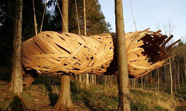 英国学生造原生态树屋 依树而建似巨型虫茧