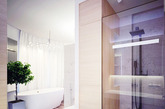 简洁的卫浴间设计给人一种清新自然的感觉，追求舒适感的同时，让人在卫浴空间里得到最大程度的享受。没有浓墨重彩的装饰，整体白色的基调让淋浴更贴近自然，靠墙放置的盆栽能有效地利用空间，为浴室增色许多。而马桶和洗手台、淋浴房之间采用了半开放式的门板进行阻隔，保证视线穿透的同时还留有一定的隐秘区域。
