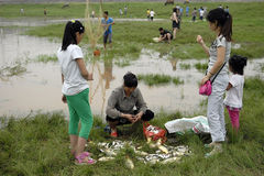 安徽一河里现大量浮鱼 市民聚集捕捞