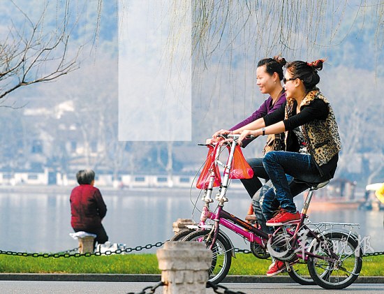 　　浙江西湖景区的梅花正艳，美女们以最悠闲的度假方式———骑车游览西湖景区  图/新华社