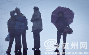 树人街，四位躲雨行人的雨中倒影。见习记者 陈荣辉 摄