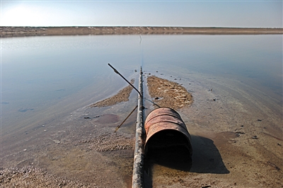一晾晒池中，一根金属管伸入水池，排放着不明来源的灰白色水，围堰底层铺有防渗膜。