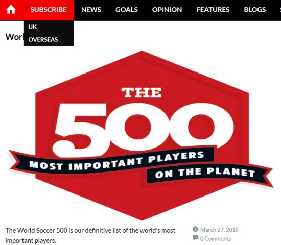 英媒评500大最具影响力球星