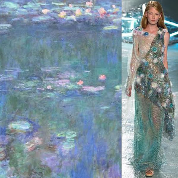 莫奈的睡莲也是响当当的艺术画作，Rodarte2015年秀场就把睡莲池里的女神召唤到T台。